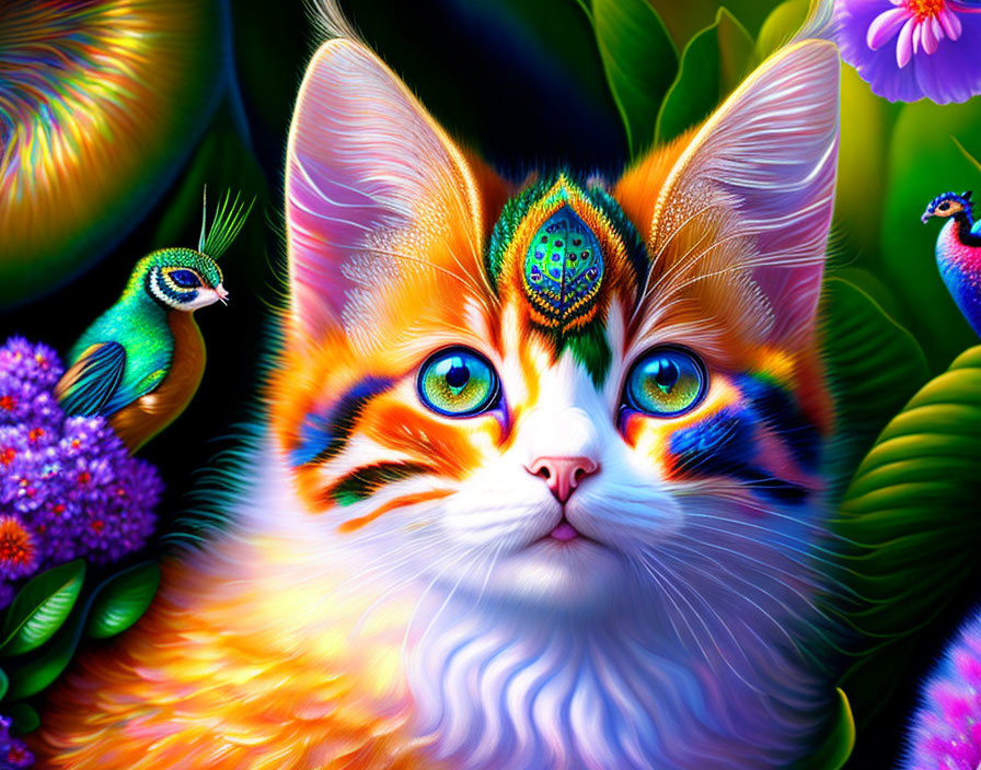 Colorful Fantastical Cat Art with Flowers and Peacocks