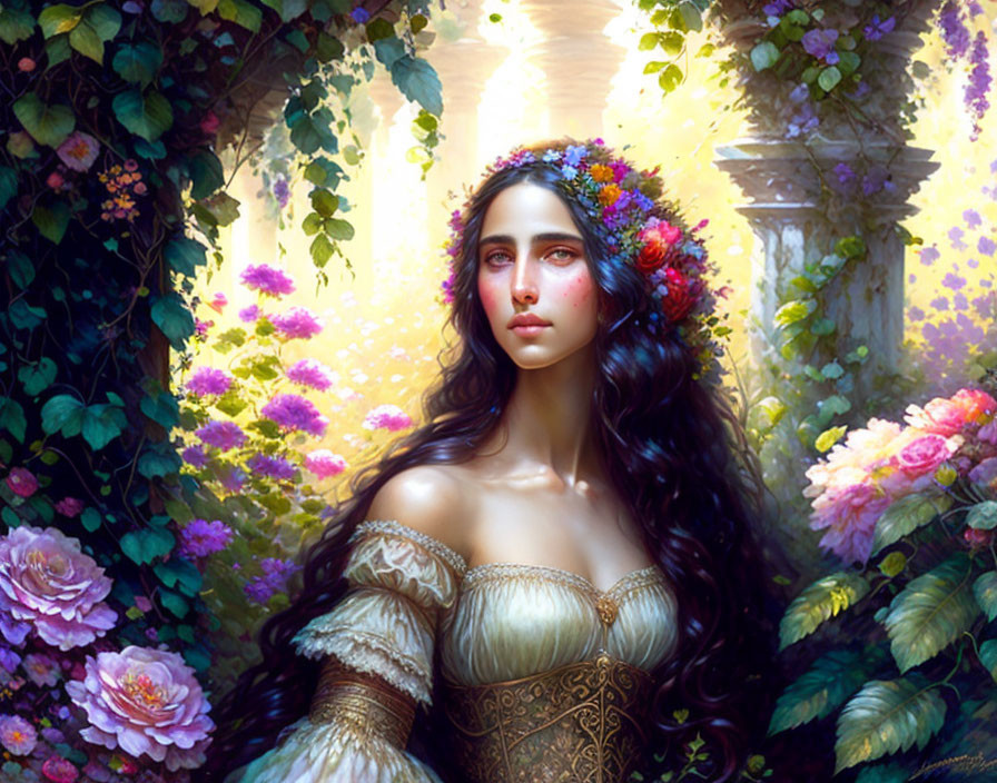 Woman with floral crown and ornate dress in sunlit garden surrounded by lush flowers