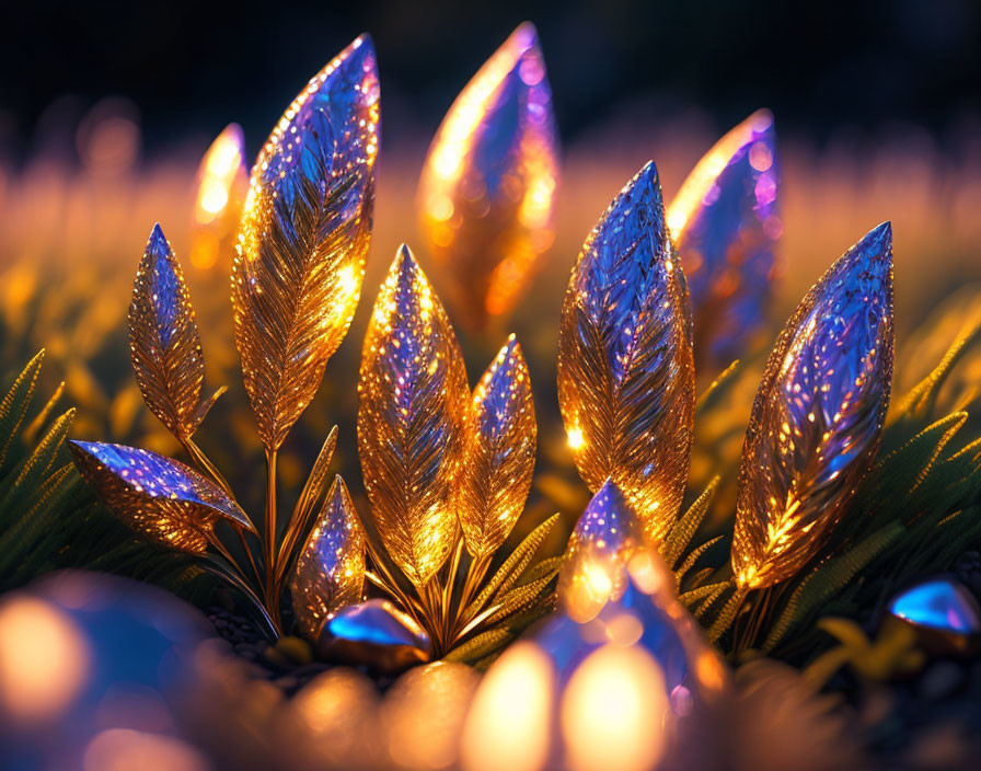 Artificial leaves glow warmly at twilight, creating a magical atmosphere.
