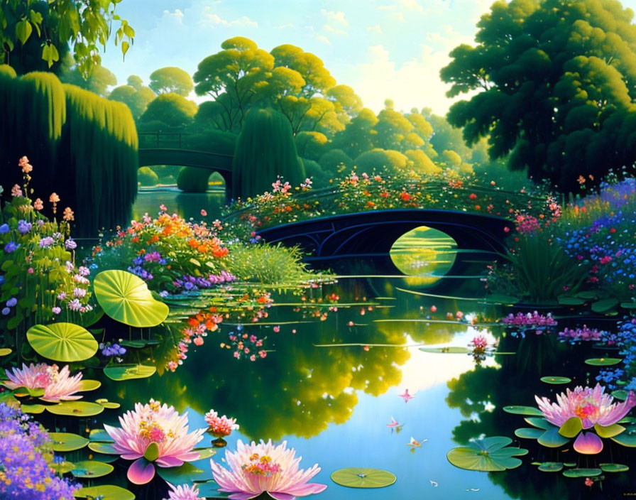 Tranquil Pond with Water Lilies and Arched Bridge