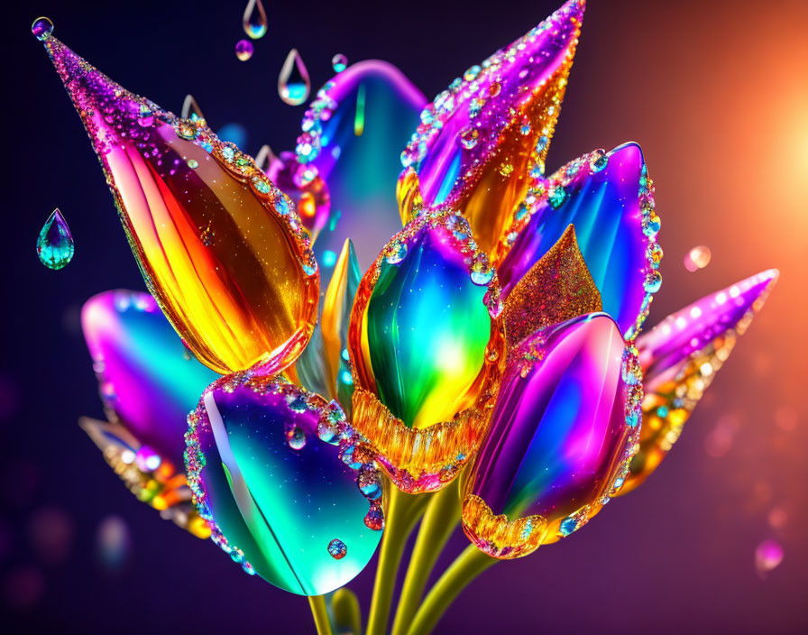 Colorful Tulips with Water Droplets on Bokeh Background