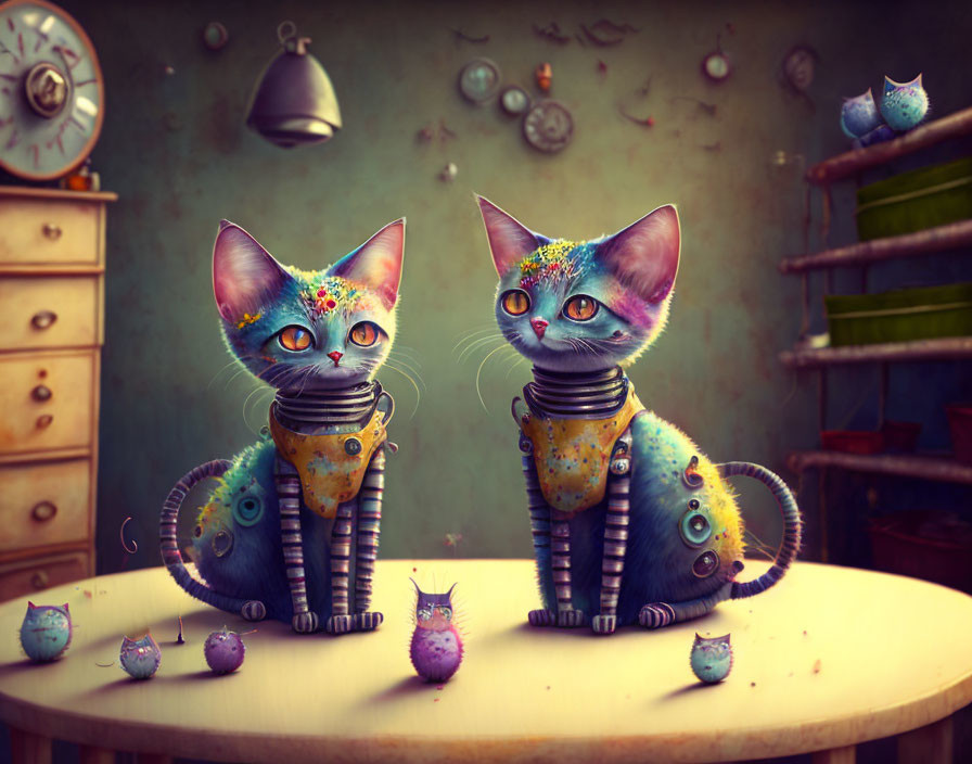 Colorful robotic cats with floral patterns among miniatures in clock-filled room