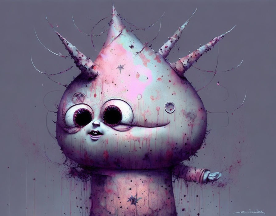 Whimsical creature with large eyes and spiky horns on purple backdrop