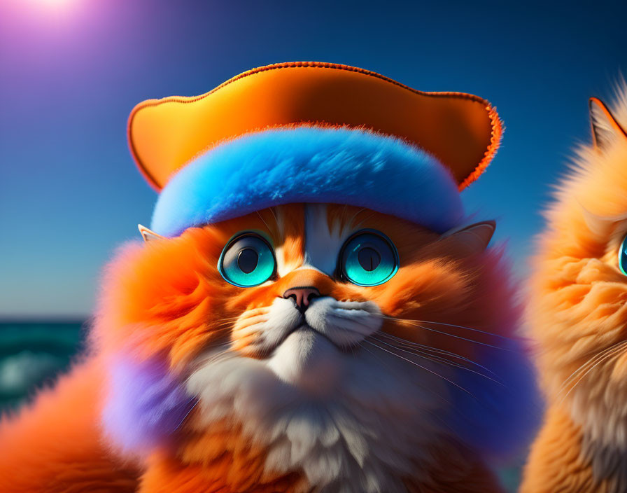 Fluffy Orange Cat with Blue Eyes in Yellow Cap on Blue Background