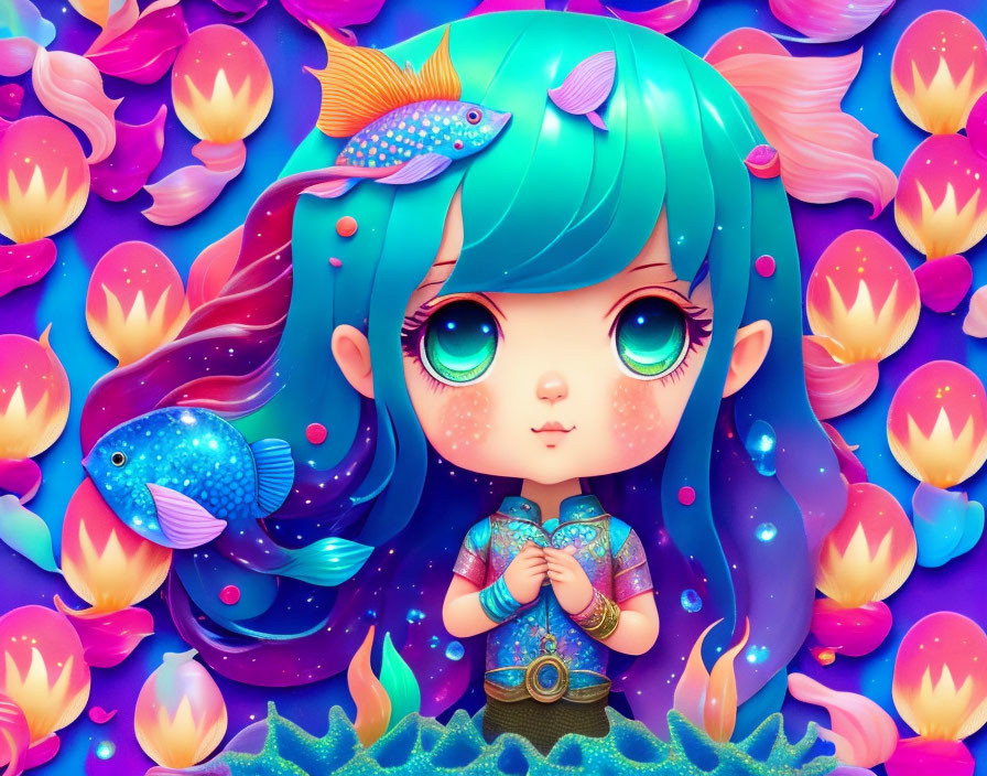 Colorful Illustration: Stylized Character with Turquoise Hair and Pink Flowers