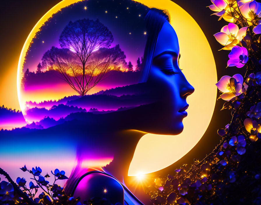 Colorful digital artwork: woman's silhouette against cosmic scenery