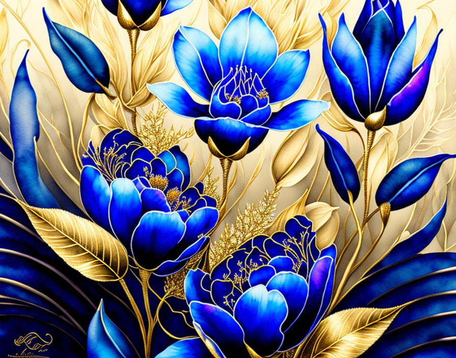 Detailed blue and gold stylized flowers on creamy beige background