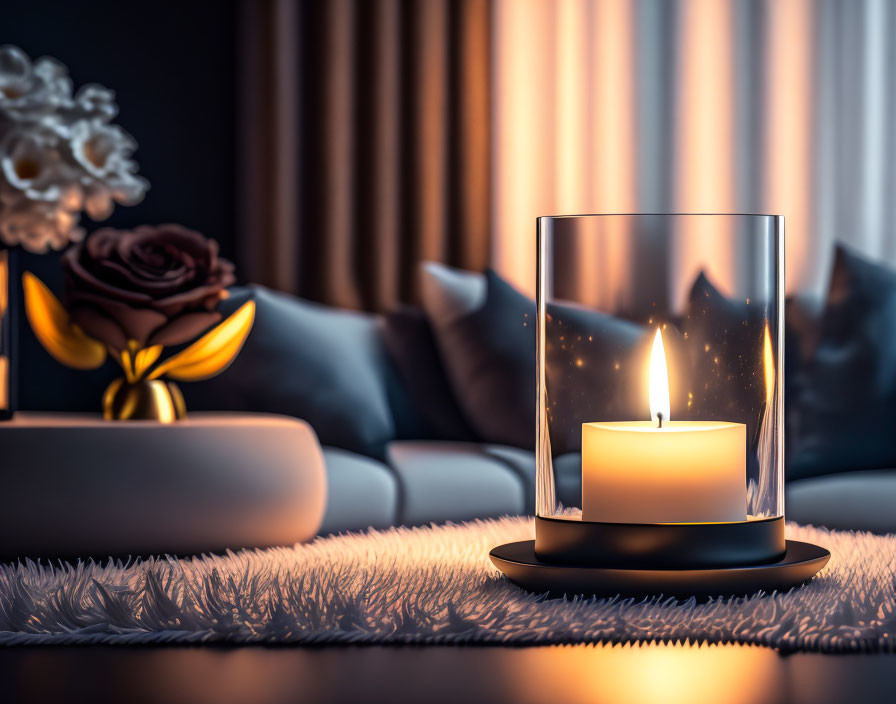 Cozy Room with Candle, Rose, Pillows, Rug, and Curtains