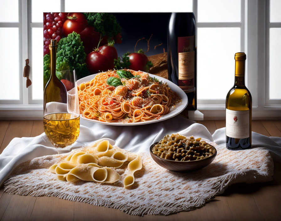Italian pasta dish with tomato sauce, basil, olives, and wine on a table.