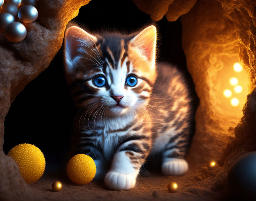 Striped Kitten with Blue Eyes by Glowing Cave Entrance