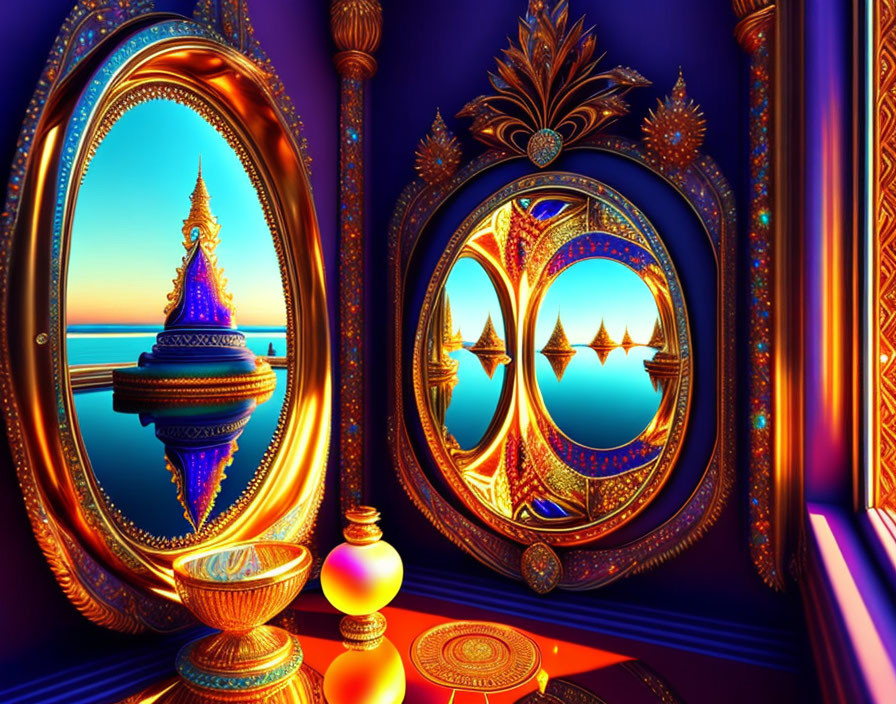 Colorful Digital Artwork Showcasing Ornate Architecture and Ocean View