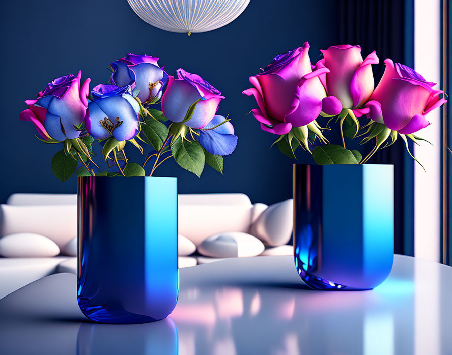 Blue vases with purple and pink rose bouquets on glossy table in elegant room
