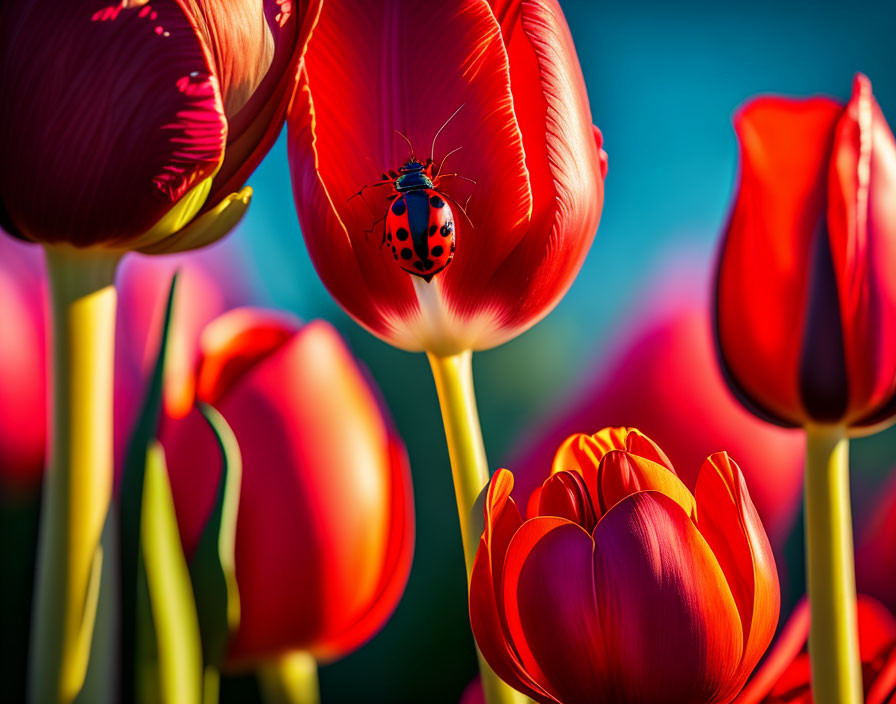 Ladybug on red tulip petal with blurred tulips and blue sky