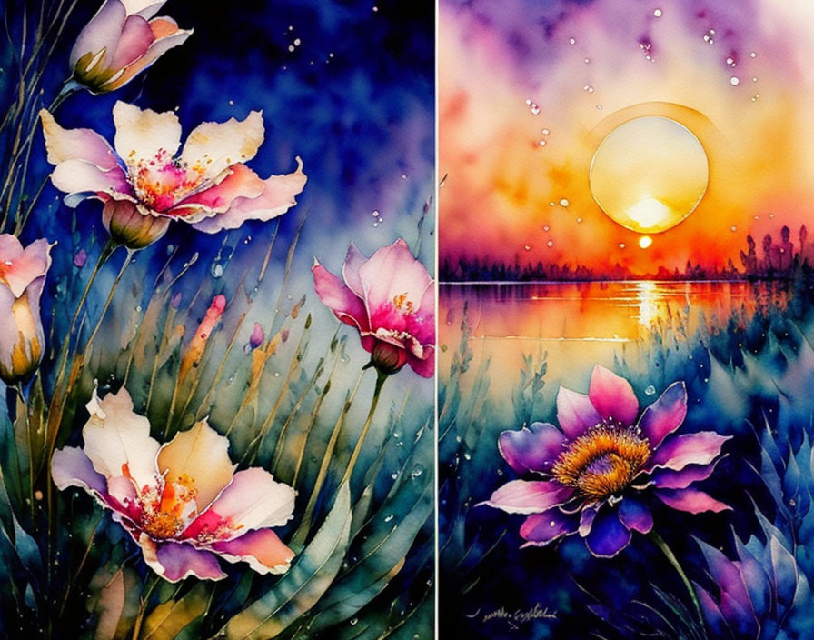 Colorful Watercolor Painting: Flowers and Sunset by Tranquil Lake