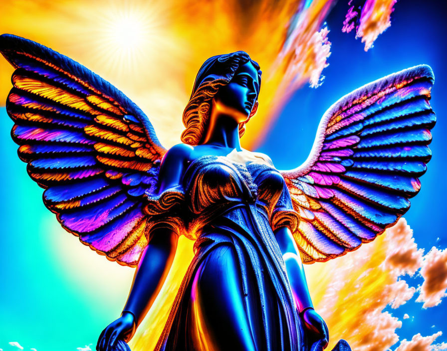 Colorful Angel Statue with Outspread Wings in Dramatic Sky