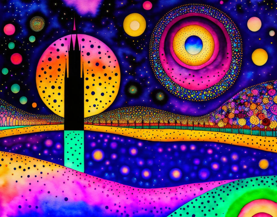 Colorful abstract painting with black and white tower and vibrant patterns