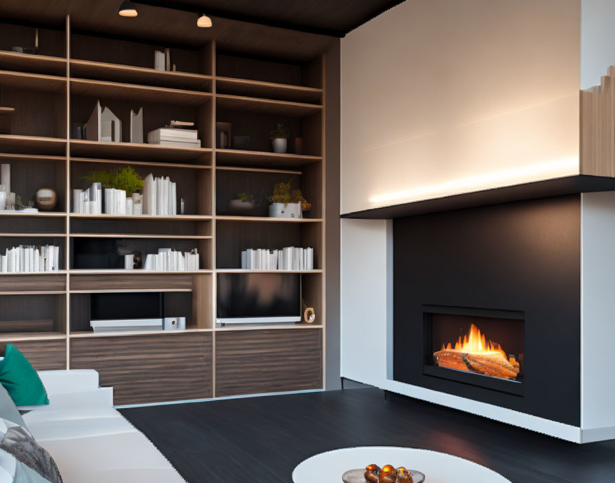 Contemporary Living Room with Fireplace, Bookshelves & Neutral Decor