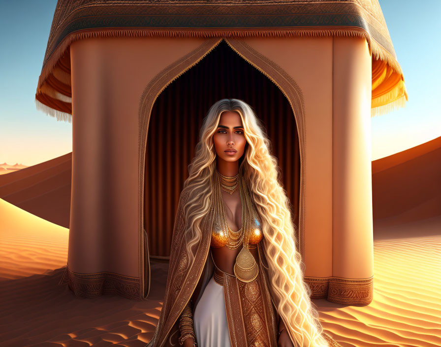 Blonde woman in golden jewelry by desert tent