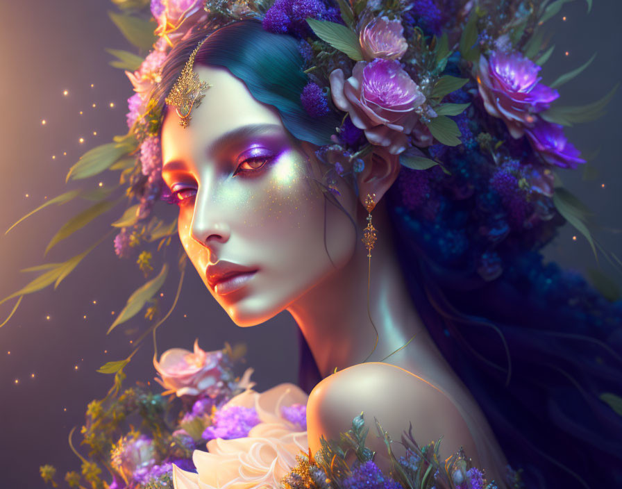 Mystical woman with floral crown and ethereal lighting