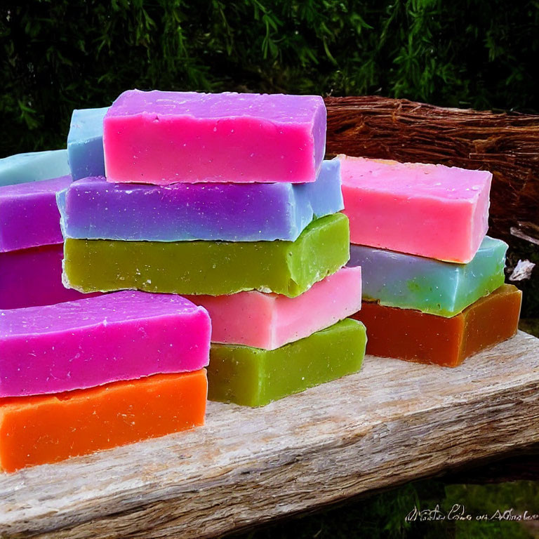 Vibrant handmade soaps stacked on wooden surface