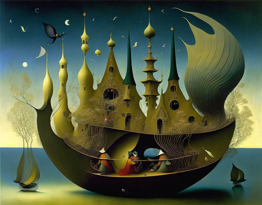 Fantastical painting: Ship with spires, celestial motifs, and trees at night