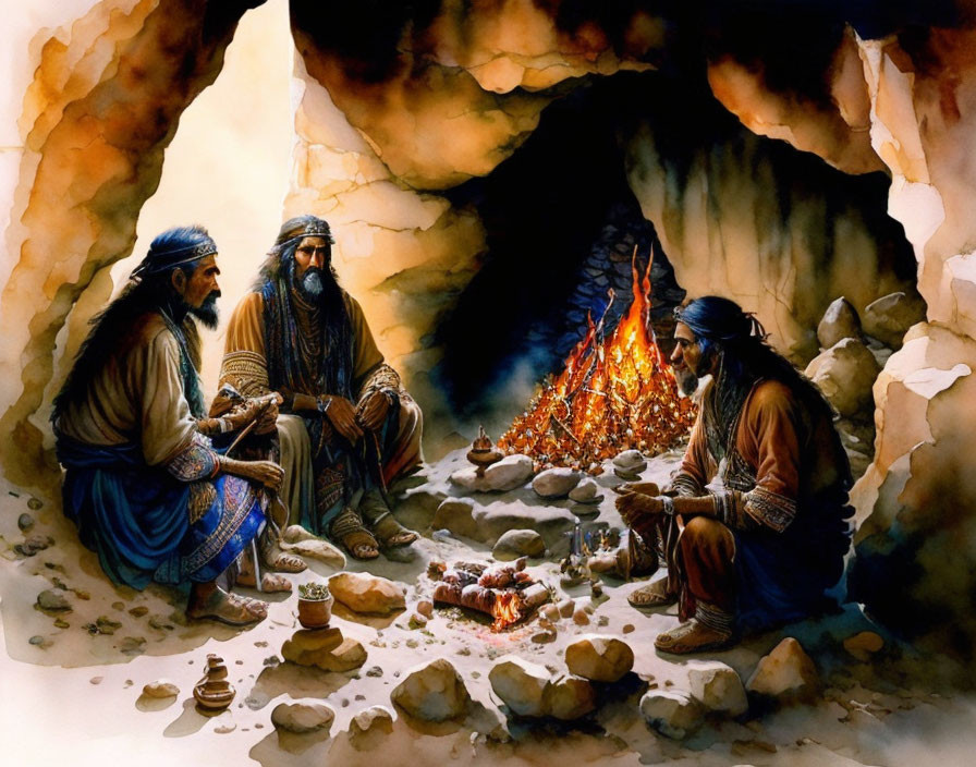 Historical individuals conversing by fire in cave setting