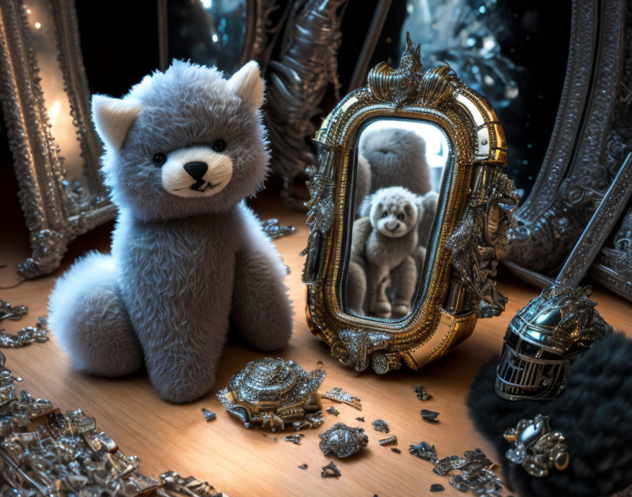 Plush teddy bear with ornate mirror, vintage trinkets, and twinkling lights