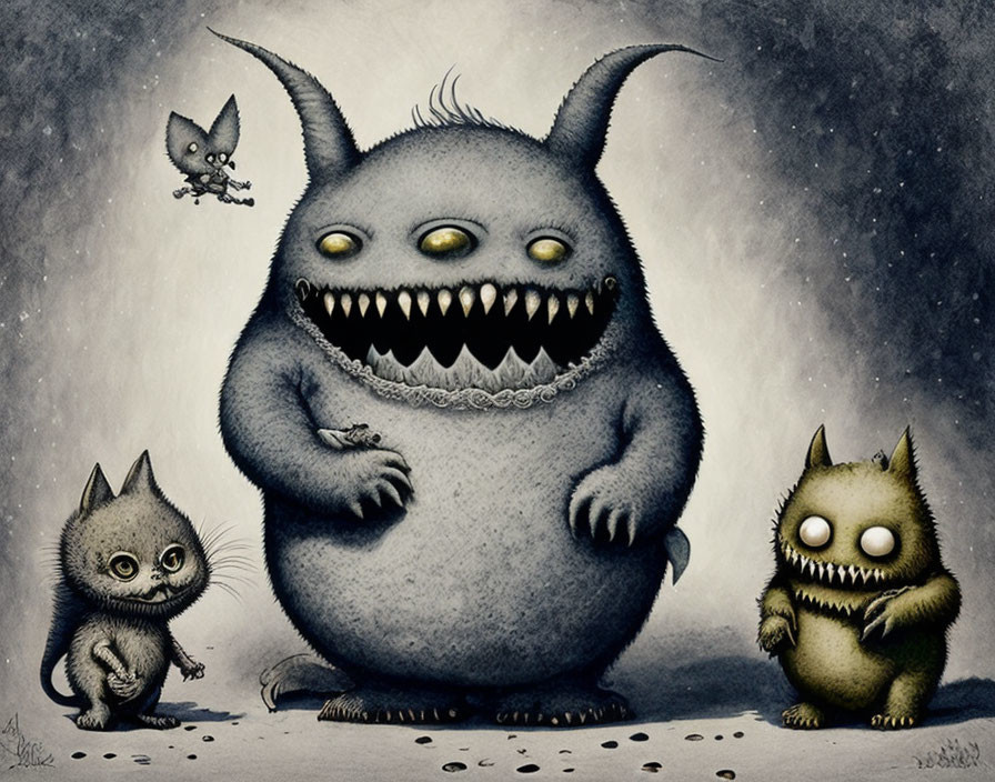Three fuzzy monsters with large eyes and sharp teeth under a gloomy sky, with a tiny winged