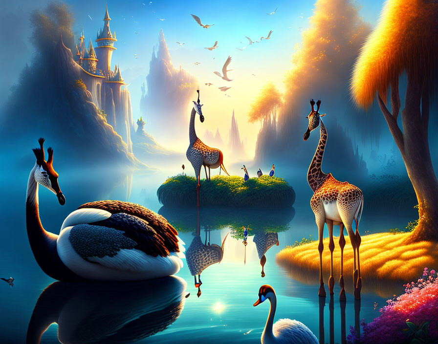 Fantasy landscape with giraffes, swan, castle, and birds under blue sky