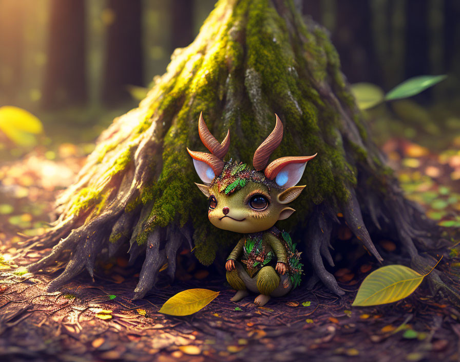 Fantastical creature with large ears and horns in sunlit forest