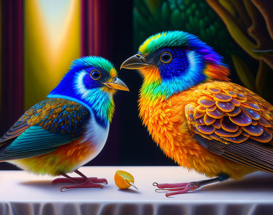 Colorful Stylized Birds Face Each Other with Seed