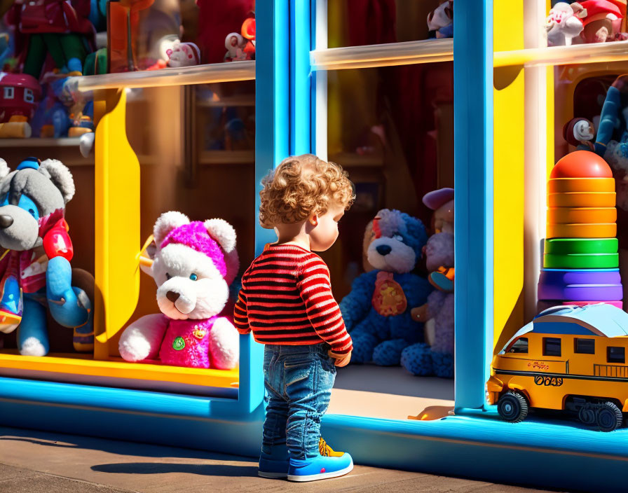 Curly-Haired Child in Striped Shirt and Jeans Looks at Plush Toys in Toy Store Window