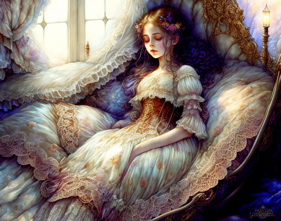 Young woman in vintage dress on ornate bed with soft window lighting