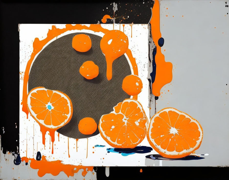 Abstract art: Orange splatter, textured circle, sliced oranges on black & white.