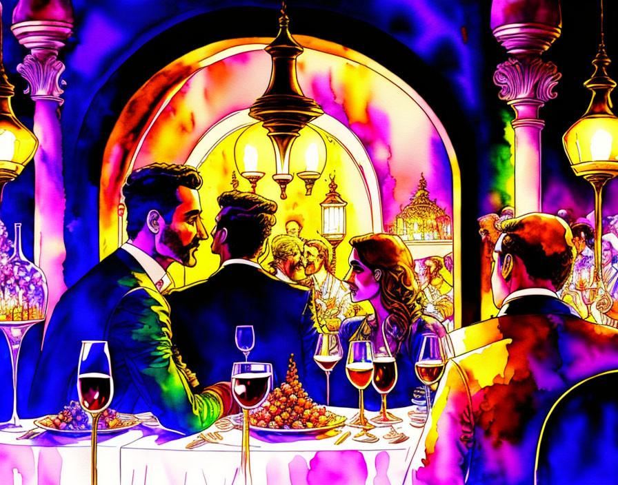Colorful Dinner Scene with Elegantly Dressed Guests & Lamps