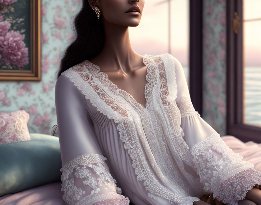 Woman in lace blouse looking out window with floral curtains and pink sky.