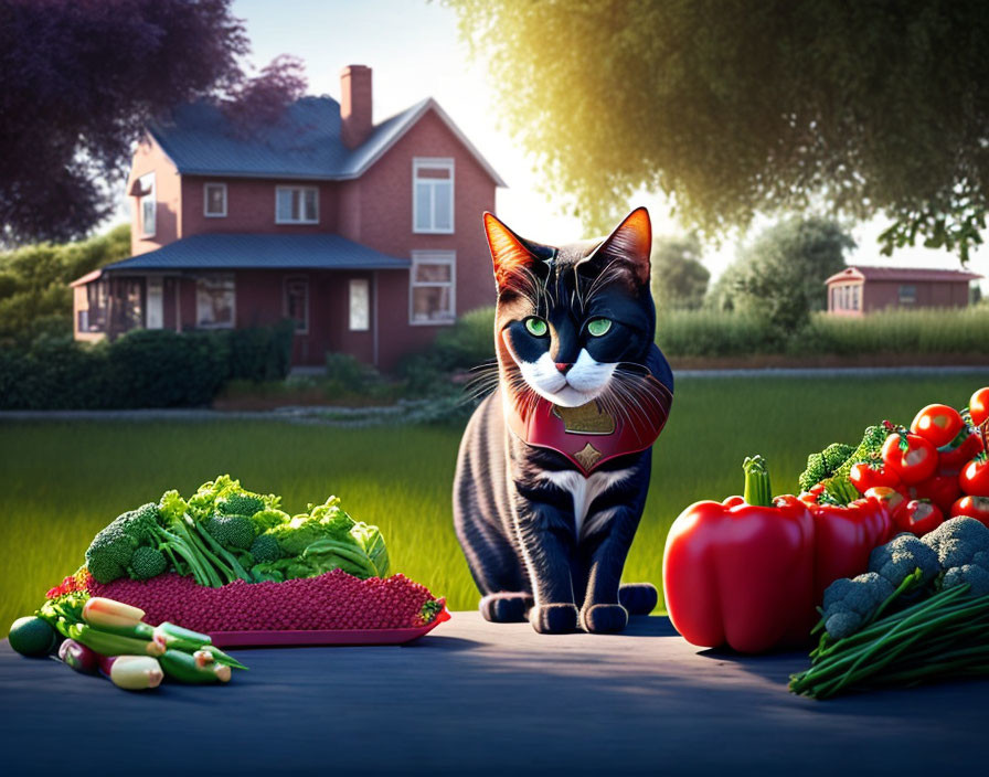Superhero Cat with Cape Surrounded by Fresh Vegetables