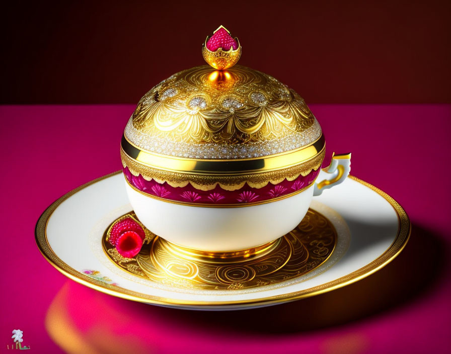 Golden and White Porcelain Cup with Lid and Gemstone on Dark Pink Saucer