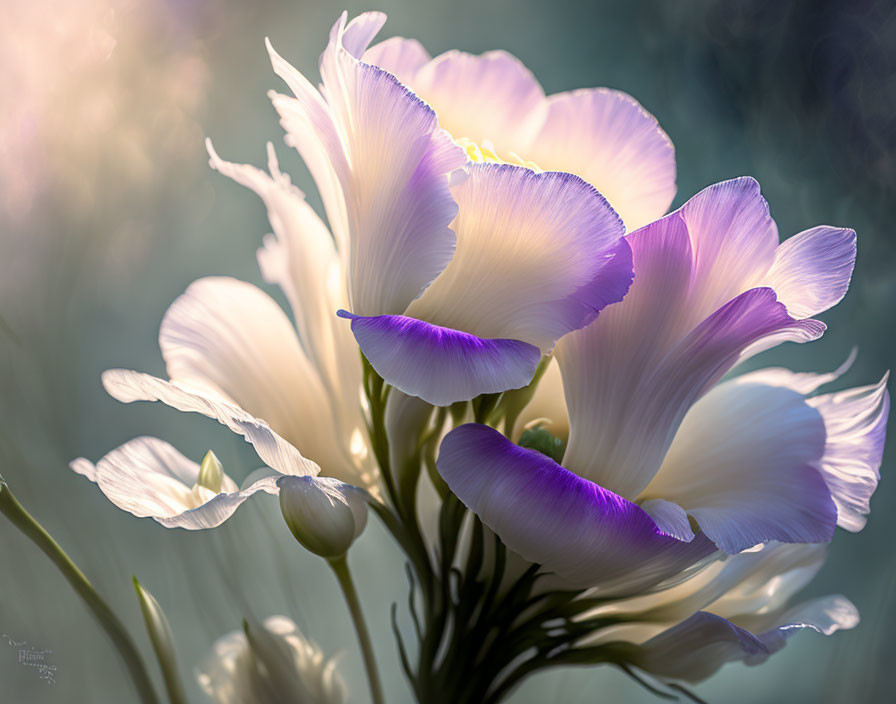 Delicate white flowers with purple edges in soft sunlight.