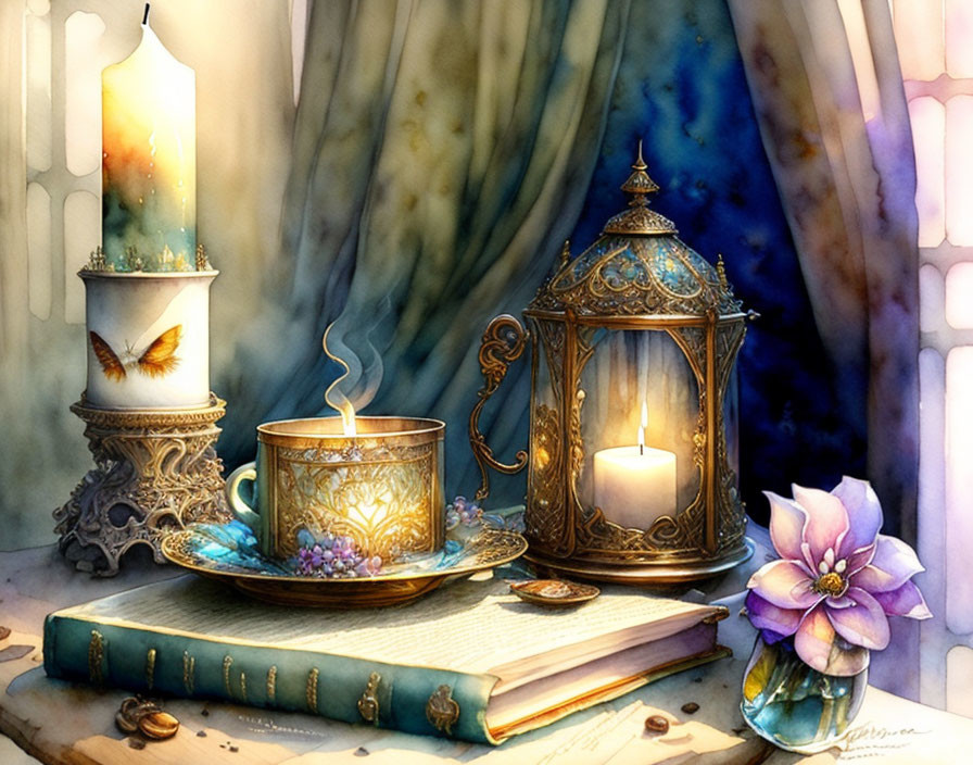 Illuminated still life with tea cup, lantern, candle, books, and purple flower