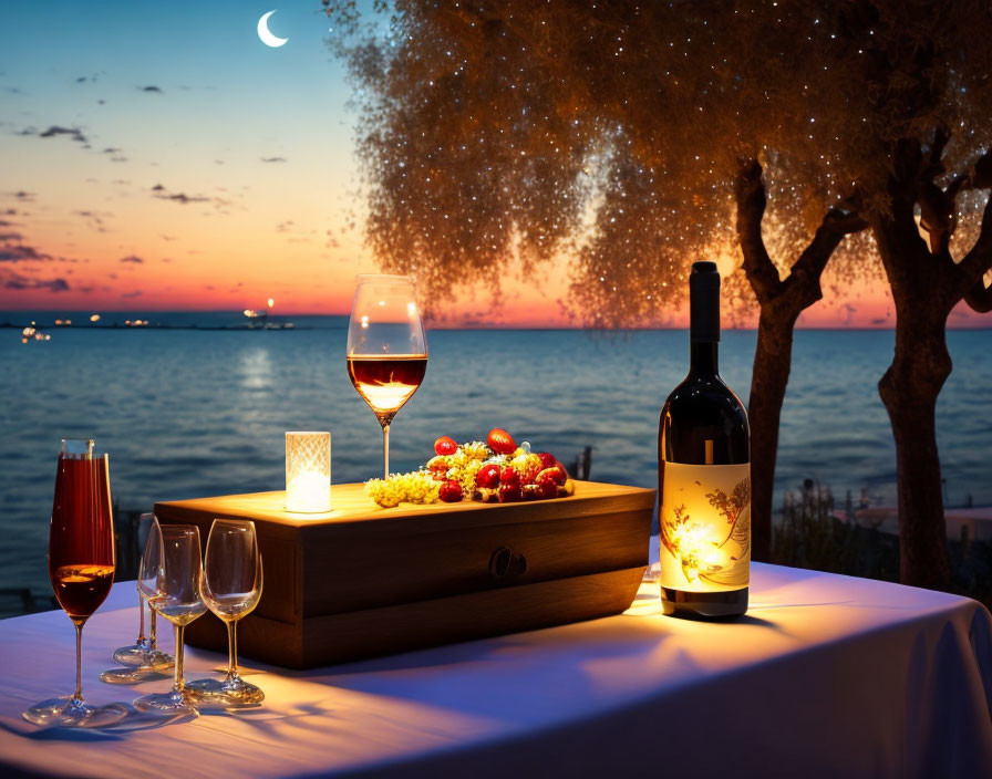 Elegant evening seaside table setting with wine, fruits, and sunset