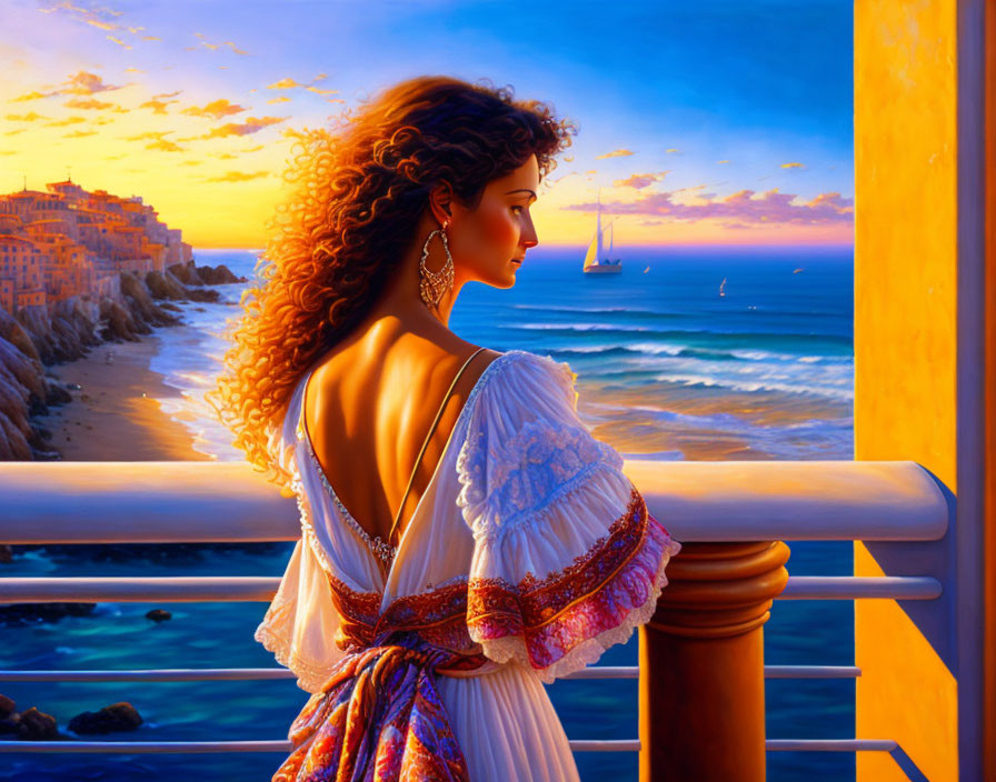 Woman in white dress watching coastal sunset from balcony