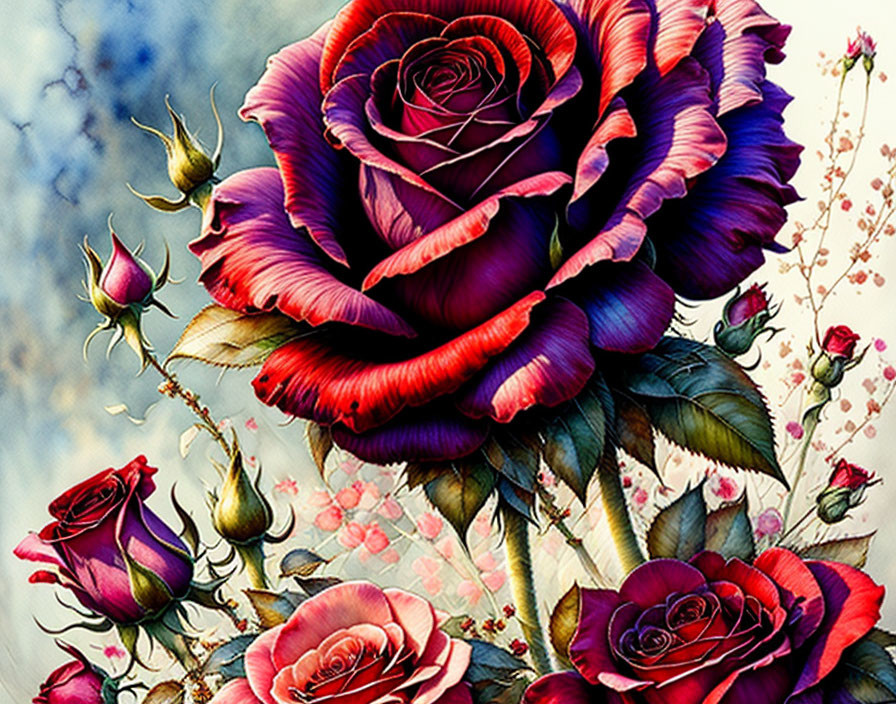 Colorful Rose Illustration on Blue and White Textured Background