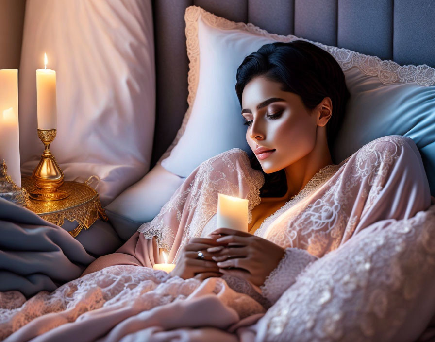 Woman Sleeping in Elegant Bed with Lit Candle