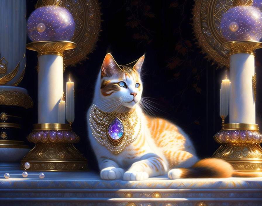 Luxurious cat with bejeweled necklace in elegant setting