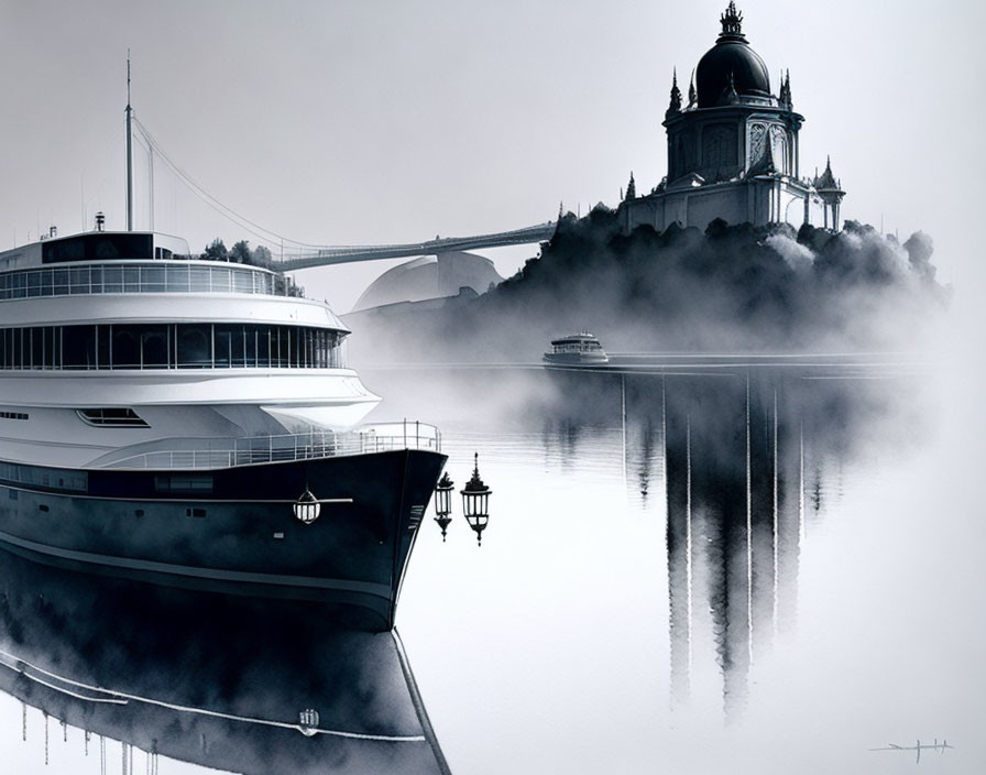 Monochromatic yacht on calm waters with misty cityscape