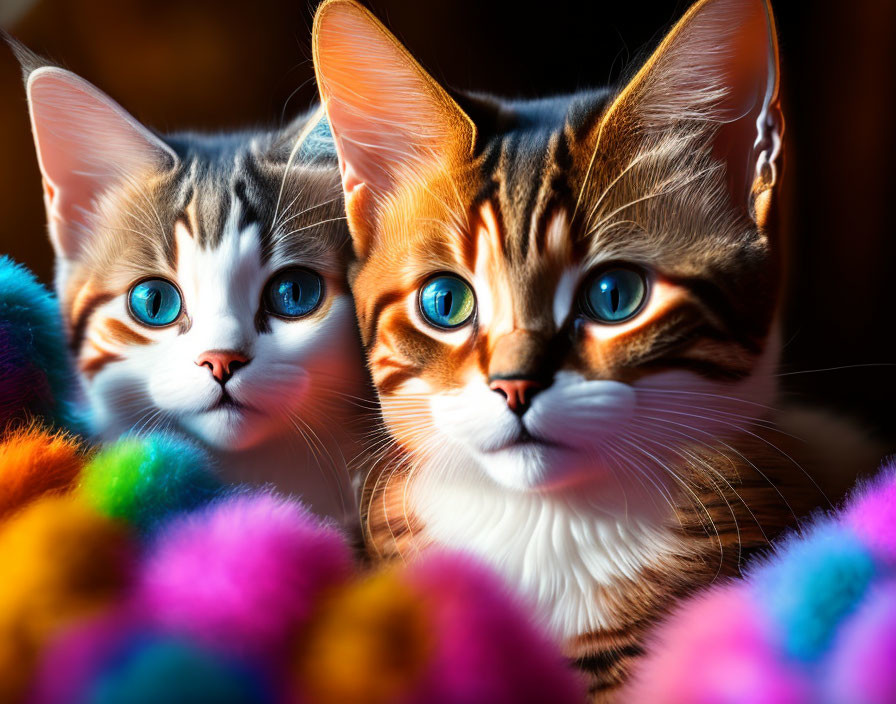 Adorable kittens with blue eyes and fluffy balls in warm light