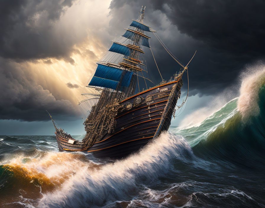 Sailing ship navigating stormy seas under dramatic sky