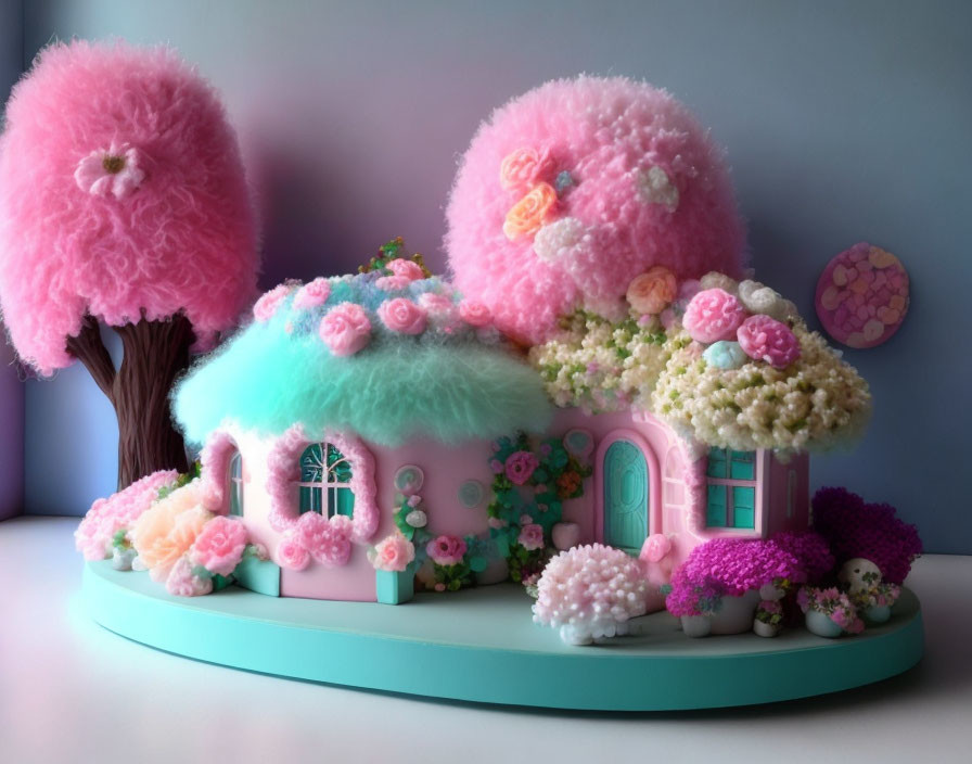 Pastel-colored fairy-tale cottage cake with blooming trees