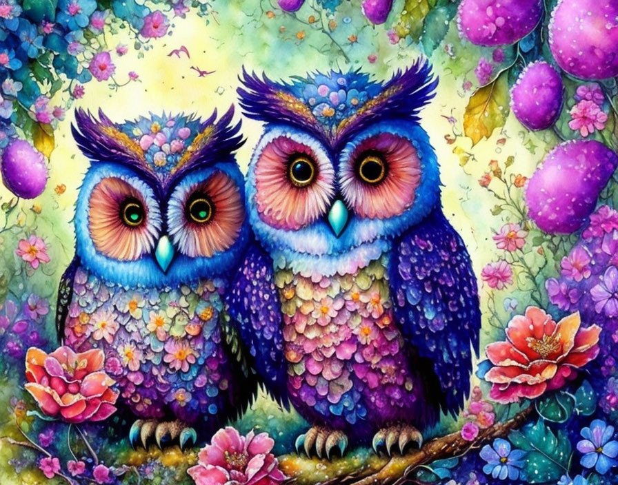 Colorful Owls in Whimsical Floral Scene